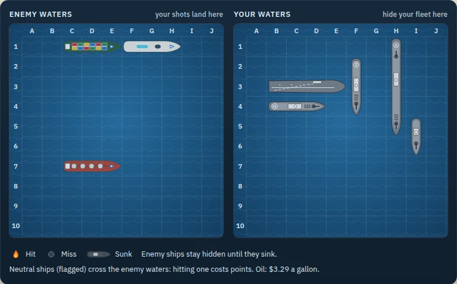 Battle Fleet in the Today's navy look: enemy waters with neutral ships crossing, and your fleet placed in your waters